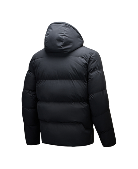 Men's black hooded puffer down jacket, back view with baffle stitching