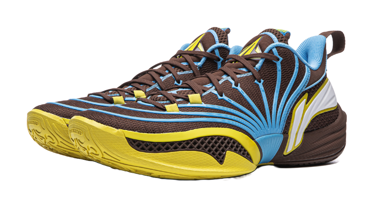 Basketball shoe with brown upper, blue rays, white side panel, and yellow sole.