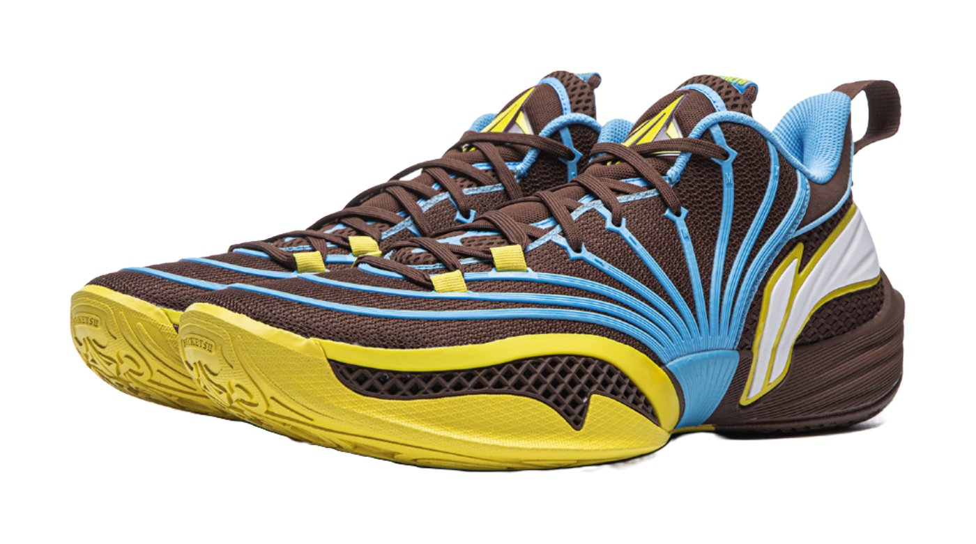 Basketball shoe with brown upper, blue rays, white side panel, and yellow sole.