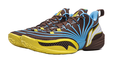 Basketball shoe with brown upper, blue rays, white side panel, and yellow sole.