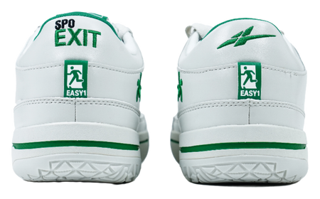 Back view of white low-top shoes with green heel tabs and striped midsole