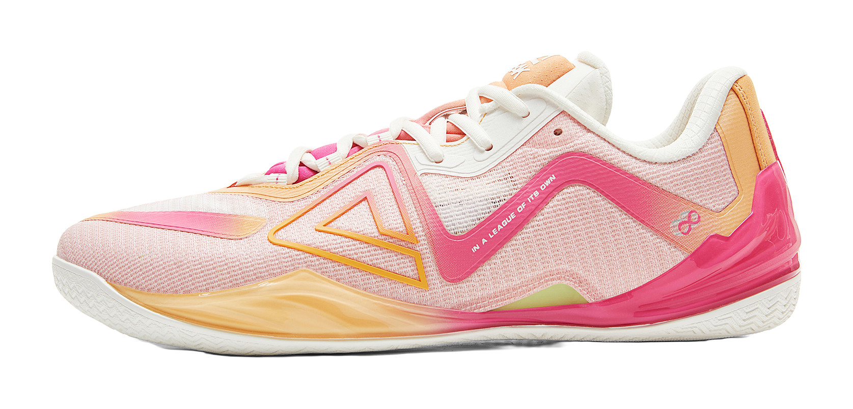 Pink basketball shoe with white laces and mesh upper, orange accents, curved midsole