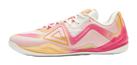 Pink basketball shoe with white laces and mesh upper, orange accents, curved midsole