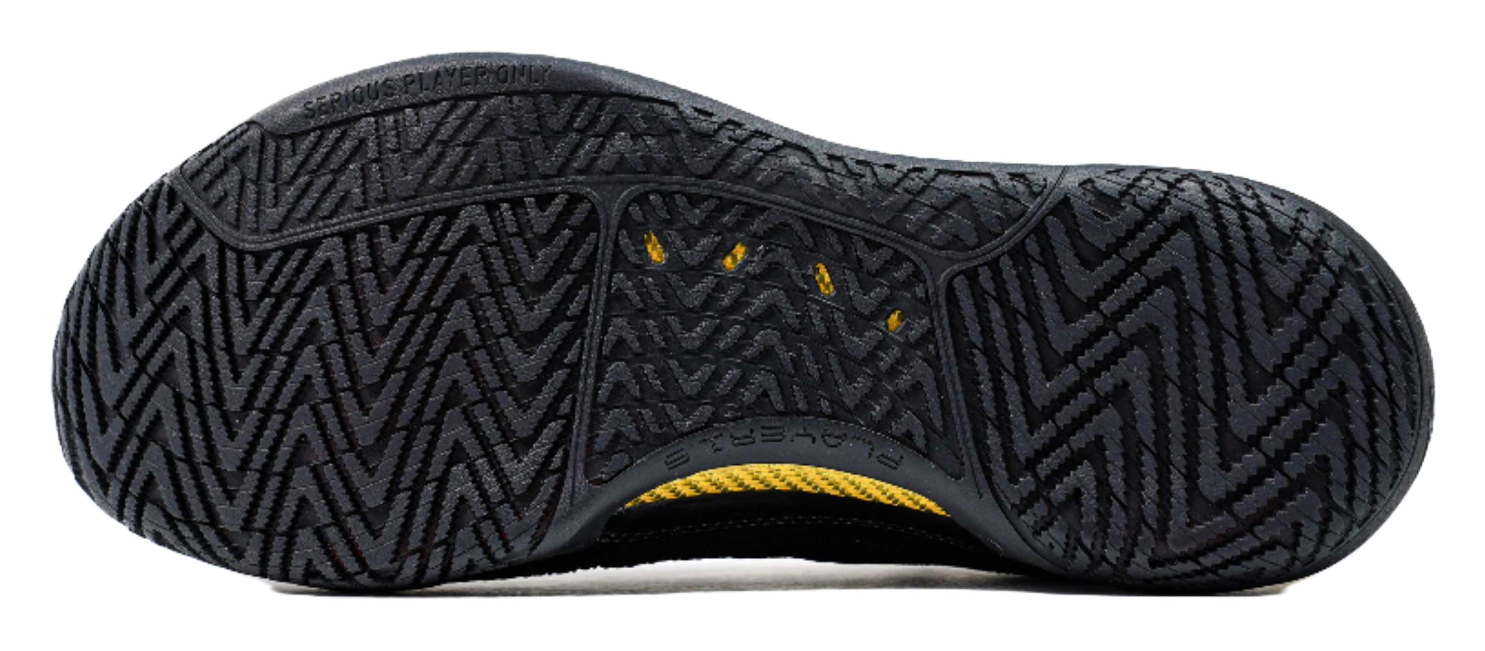 Black basketball shoe outsole with zigzag traction tread and yellow midsole stripe