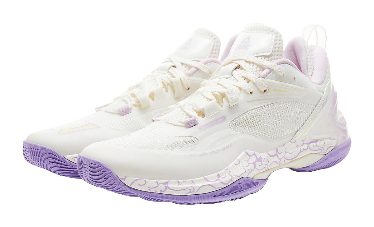 PEAK basketball shoe, white knit upper with lavender laces and cloud-print side