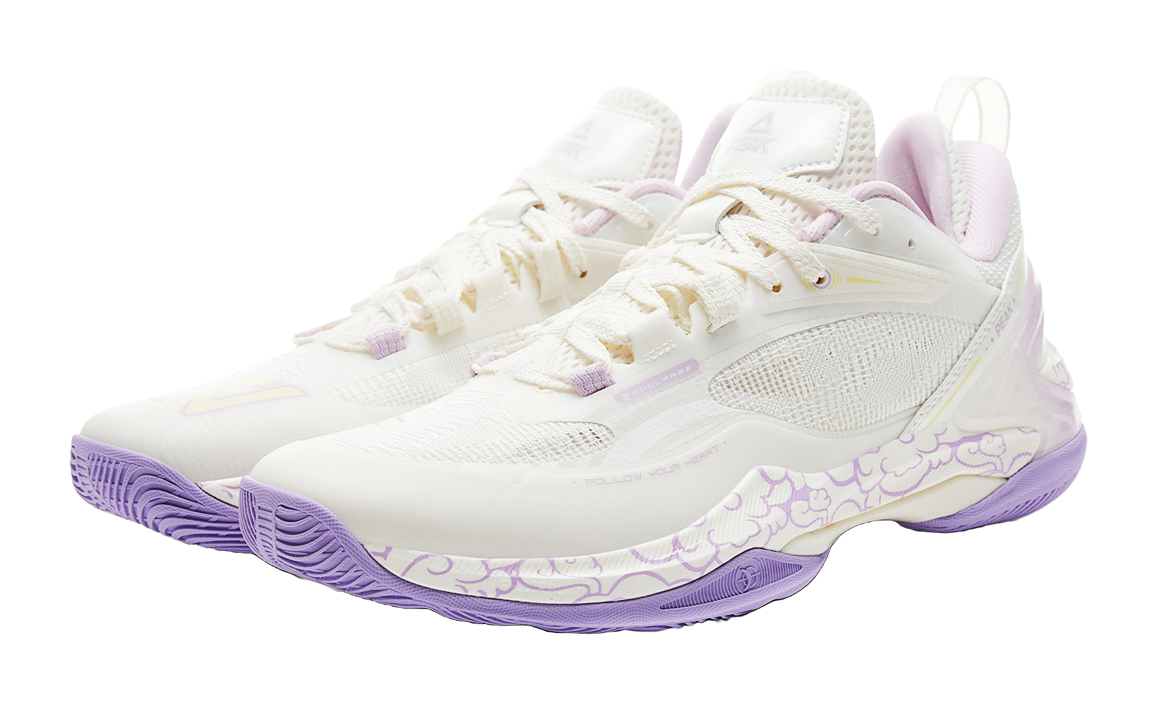 PEAK basketball shoe, white knit upper with lavender laces and cloud-print side