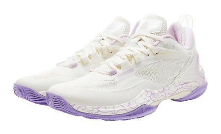 PEAK basketball shoe, white knit upper with lavender laces and cloud-print side