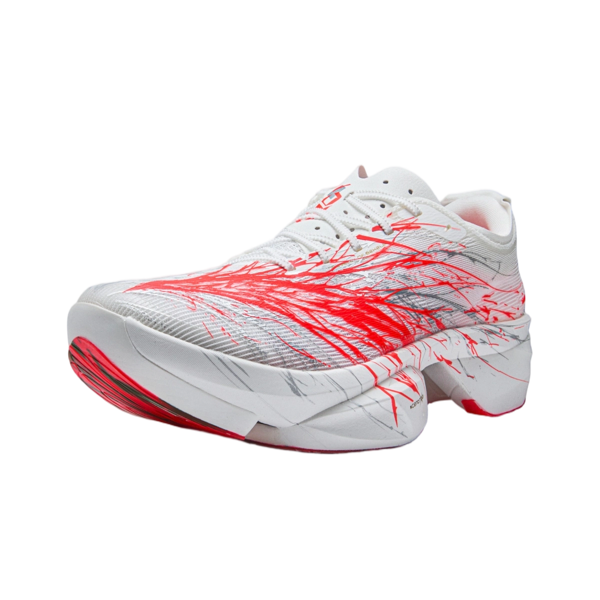 White and red lace-up racing running shoe with red graphic stripe design