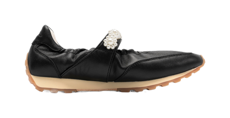 Black Mary Jane flat shoes with pearl beaded strap detail, side view, tan sole
