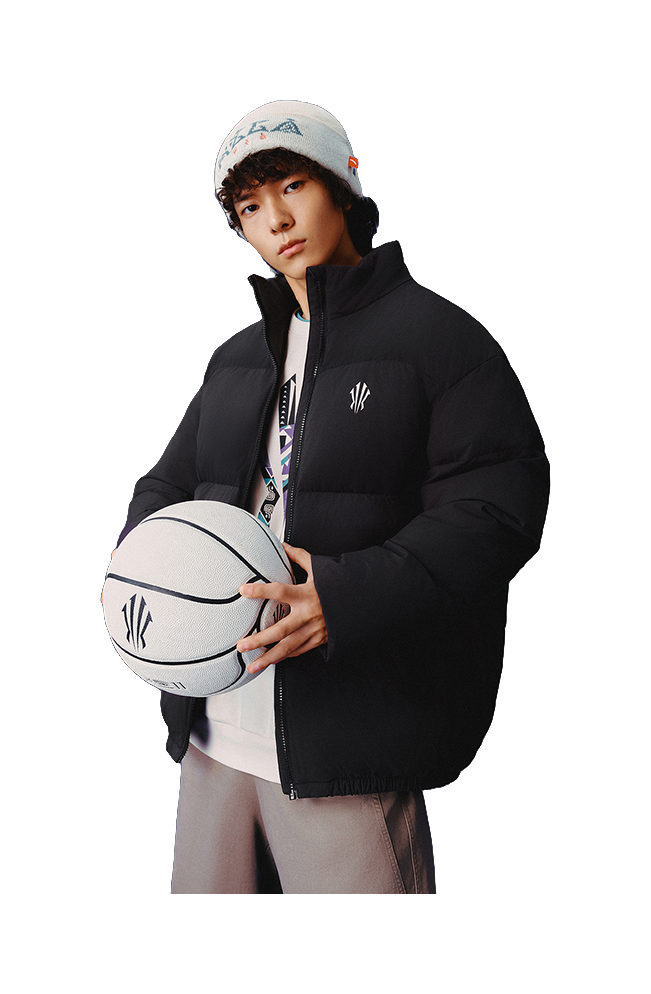 Black puffer down jacket with stand collar and zip front, front close-up