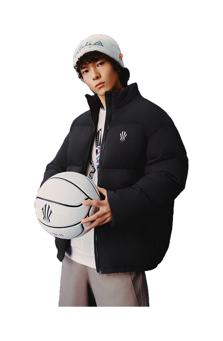Black puffer down jacket with stand collar and zip front, front close-up