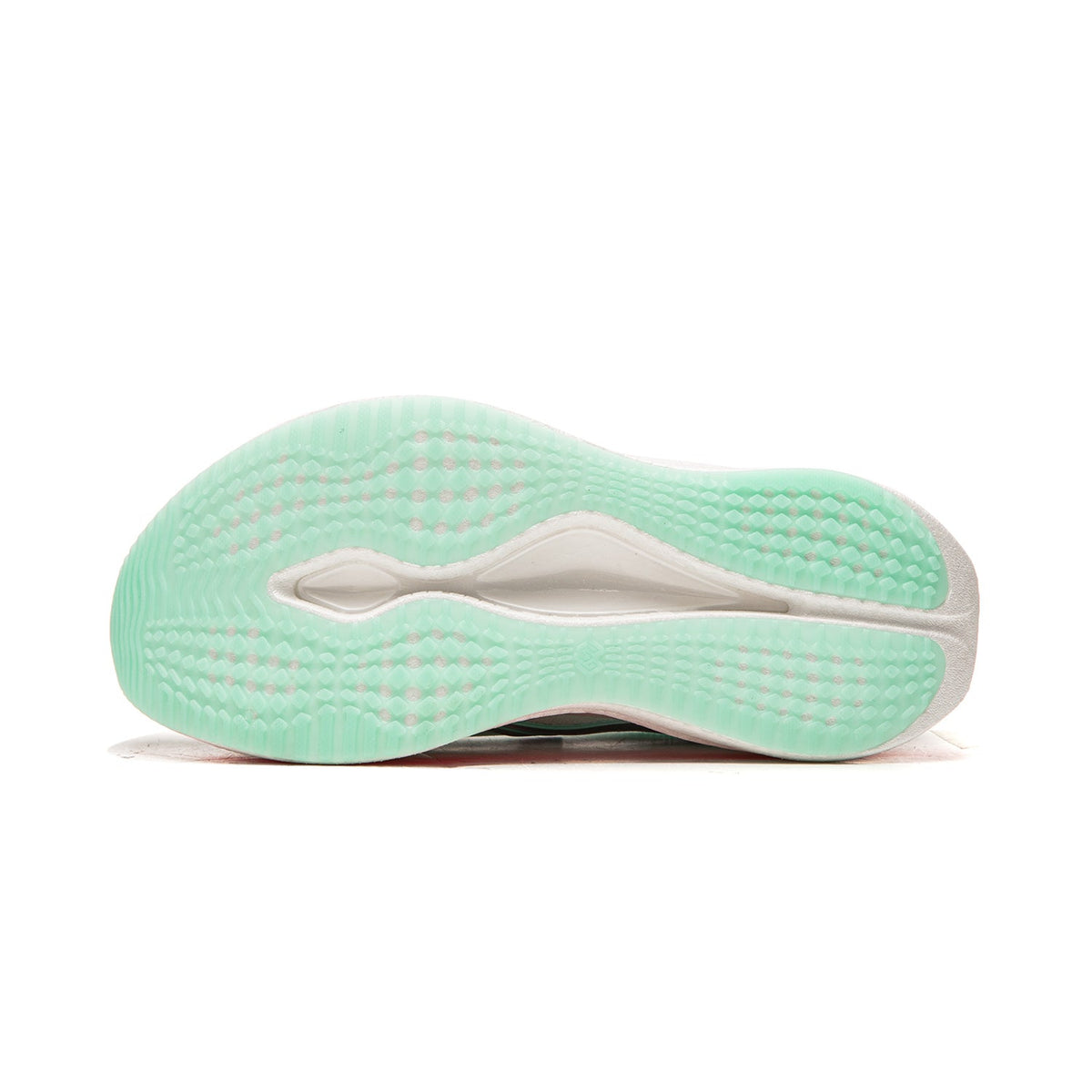 Women's running shoe outsole, textured ice blue rubber with white midfoot