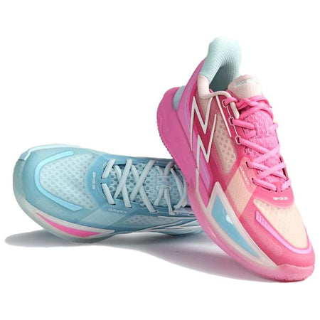 Side view of mismatched basketball shoes with pink and light blue uppers, lace-up
