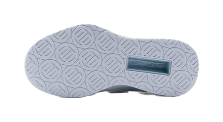 Low-top training shoe outsole with textured tread pattern and logo panel