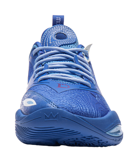 Blue basketball shoe with lace-up front and textured upper with side emblem detail