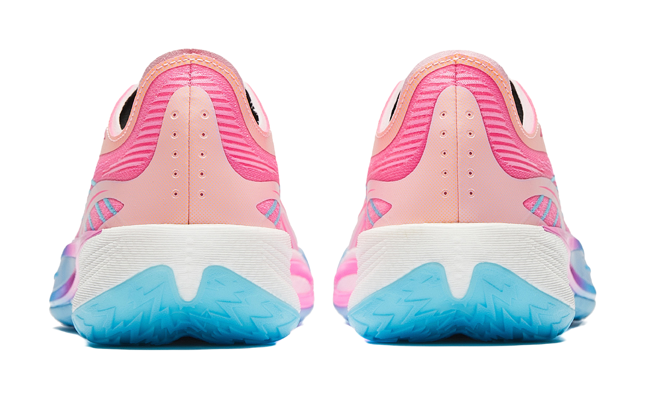 Back view of pink sneakers with cushioned white heel and blue rubber sole