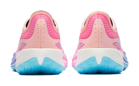 Back view of pink sneakers with cushioned white heel and blue rubber sole