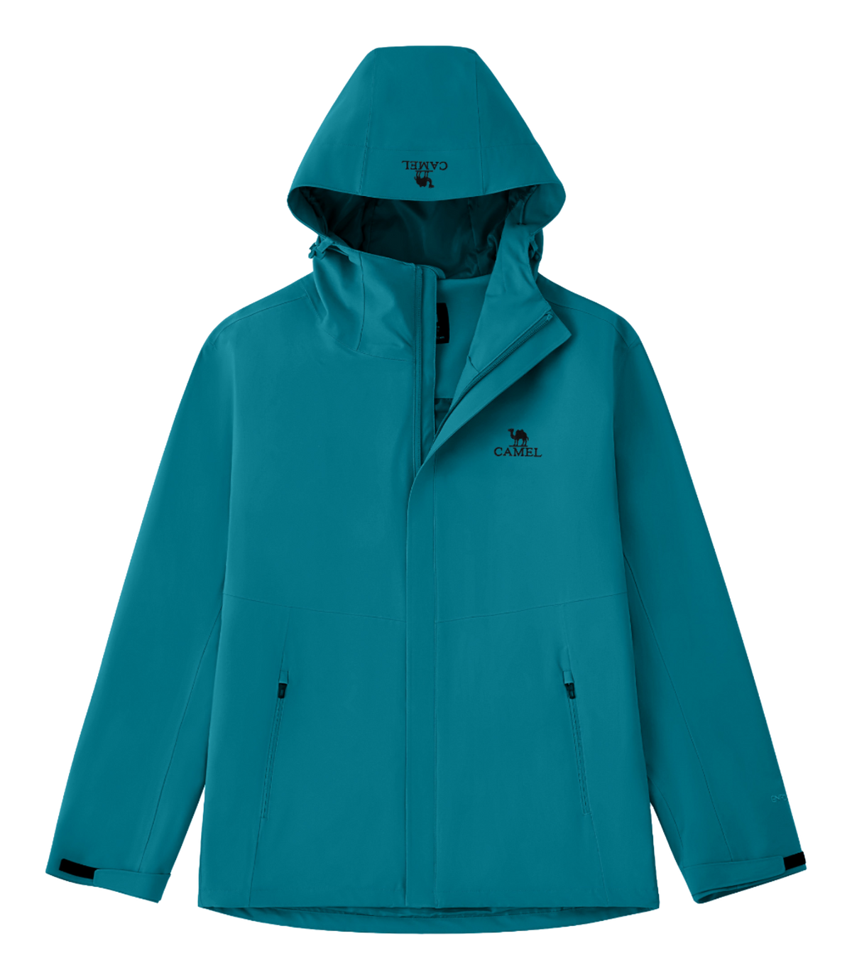 Teal hooded windbreaker jacket with front zipper and drawstring hem