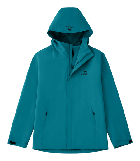 Teal hooded windbreaker jacket with front zipper and drawstring hem