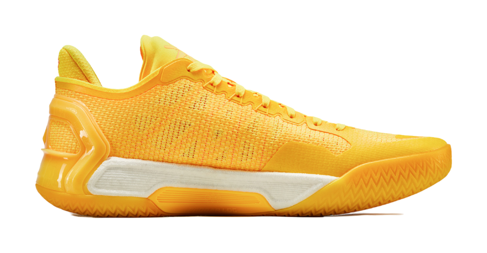 Li-Ning basketball shoe, mango yellow knit upper with orange midsole detailing