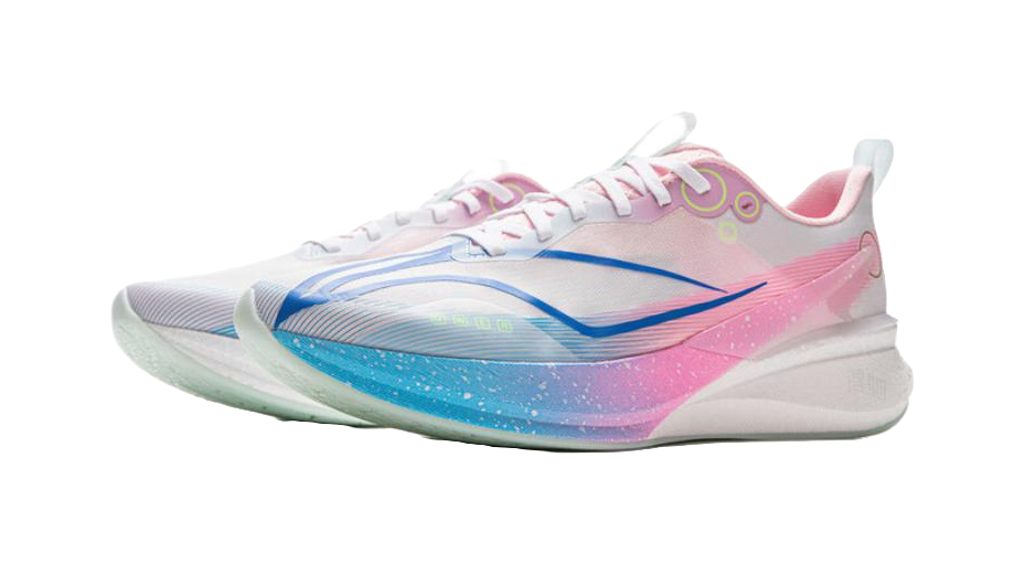 Running shoes with pink, blue and white upper, lace-up design, and side logo