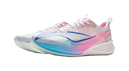 Running shoes with pink, blue and white upper, lace-up design, and side logo
