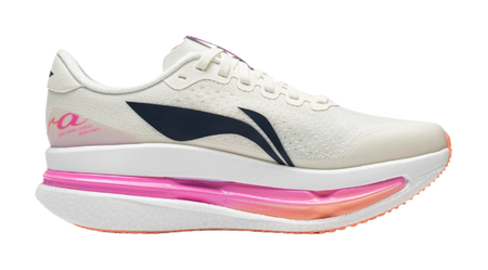 Women's low-top running shoes, champagne white mesh with navy logo and pink midsole