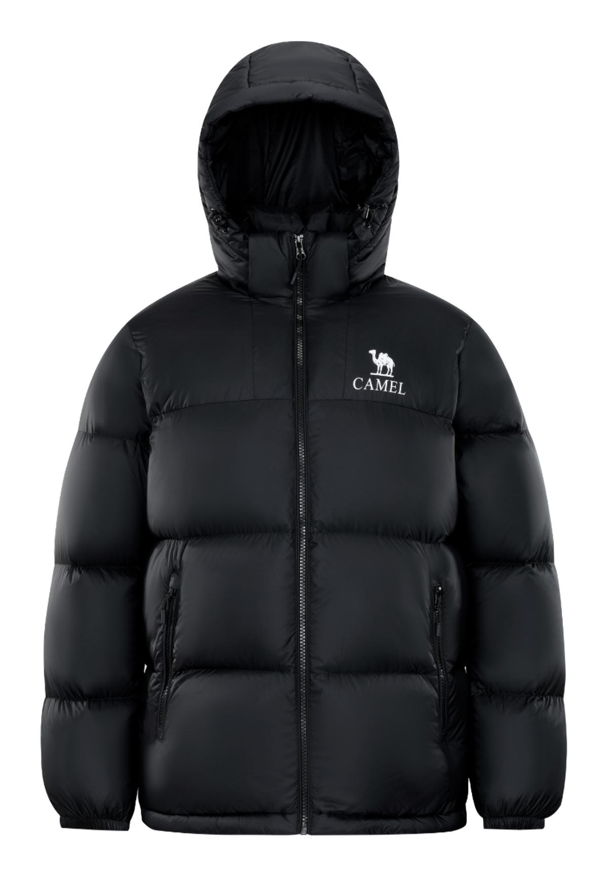 Unisex hooded puffer down jacket in black with front zipper and side pockets