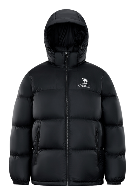 Unisex hooded puffer down jacket in black with front zipper and side pockets