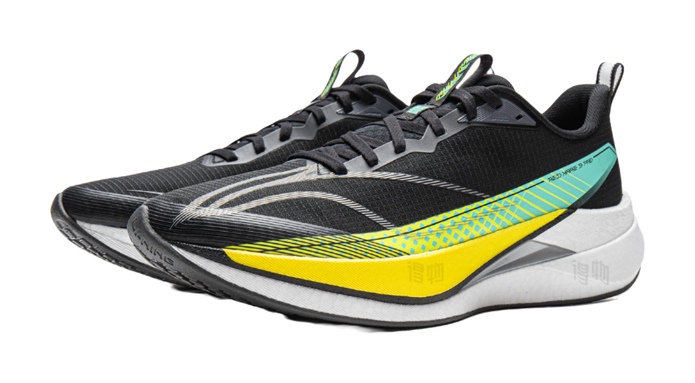 Unisex running shoe pair, black upper with teal and yellow stripes, white midsole