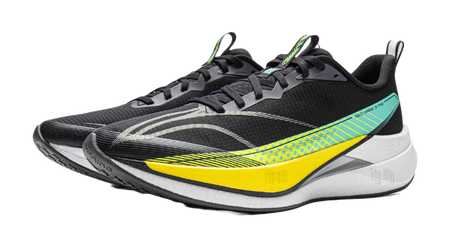 Unisex running shoe pair, black upper with teal and yellow stripes, white midsole