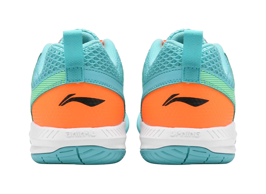 Unisex badminton shoe heels, teal mesh with orange toe and white outsole.