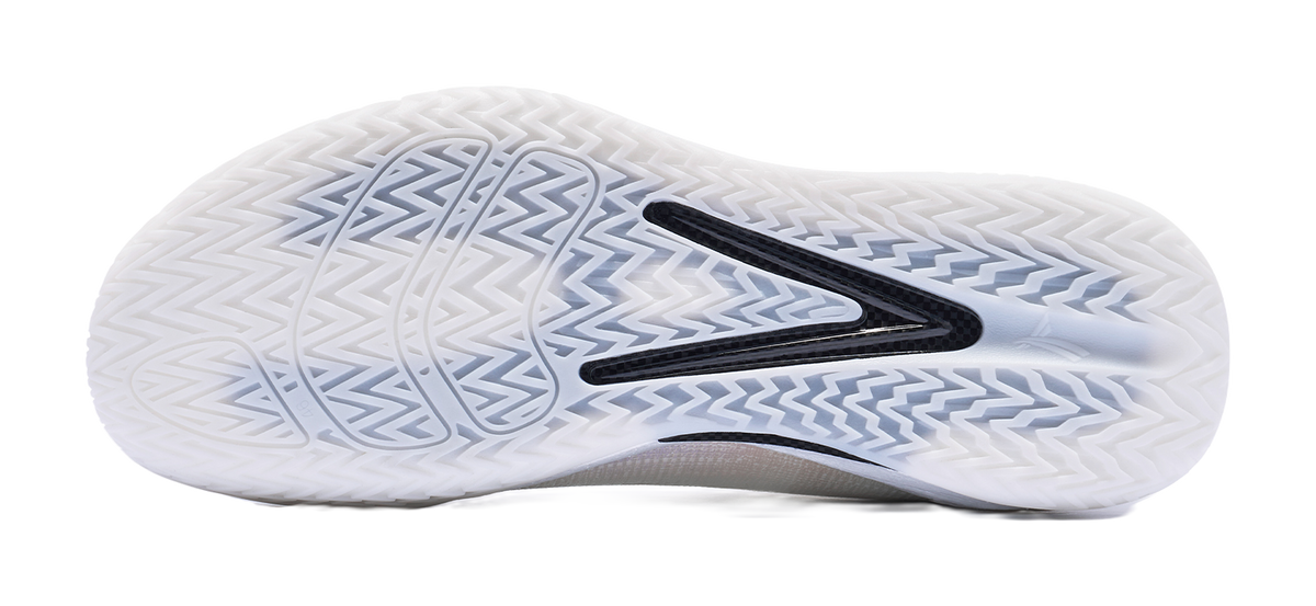 Low top basketball shoe outsole in white and light blue with textured grip pattern.