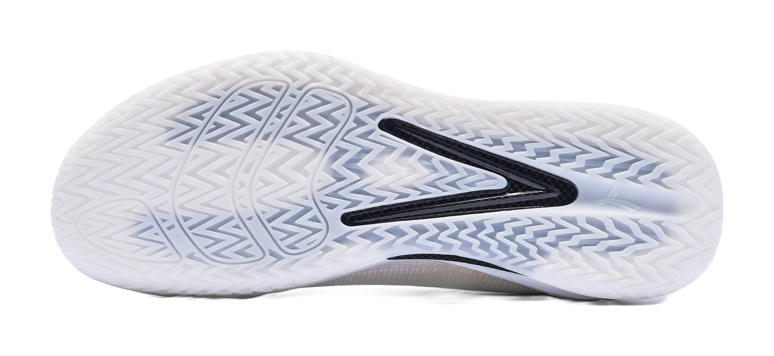 Low top basketball shoe outsole in white and light blue with textured grip pattern.
