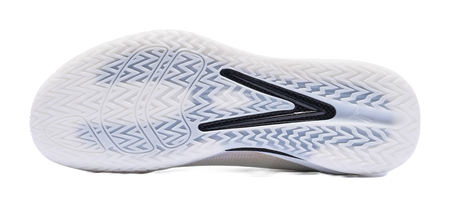 Low top basketball shoe outsole in white and light blue with textured grip pattern.