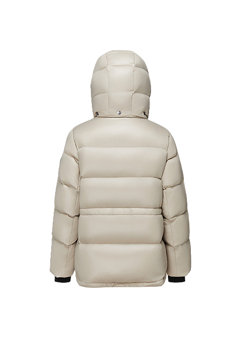 Light beige puffer winter down jacket with quilted panels and hood