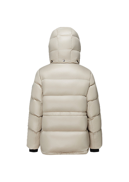 Light beige puffer winter down jacket with quilted panels and hood