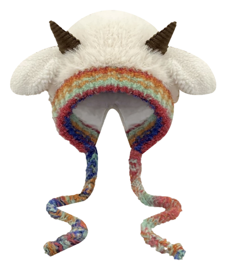 [Little Sheep Horn] IOTS will squeak when pinching the ears! Warm autumn and winter, soft and cute rainbow, dopamine cooling and windproof drawstring, double-layer cute and warm cartoon, niche polyester fiber woolen hat, unisex, couple style  vjsneaker.com