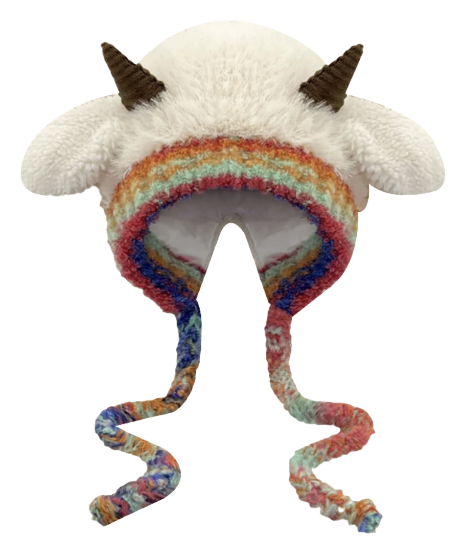 [Little Sheep Horn] IOTS will squeak when pinching the ears! Warm autumn and winter, soft and cute rainbow, dopamine cooling and windproof drawstring, double-layer cute and warm cartoon, niche polyester fiber woolen hat, unisex, couple style  vjsneaker.com