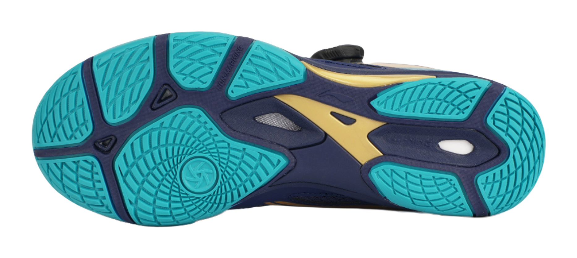 Table tennis shoe outsole in teal with textured traction pattern and dark blue trim
