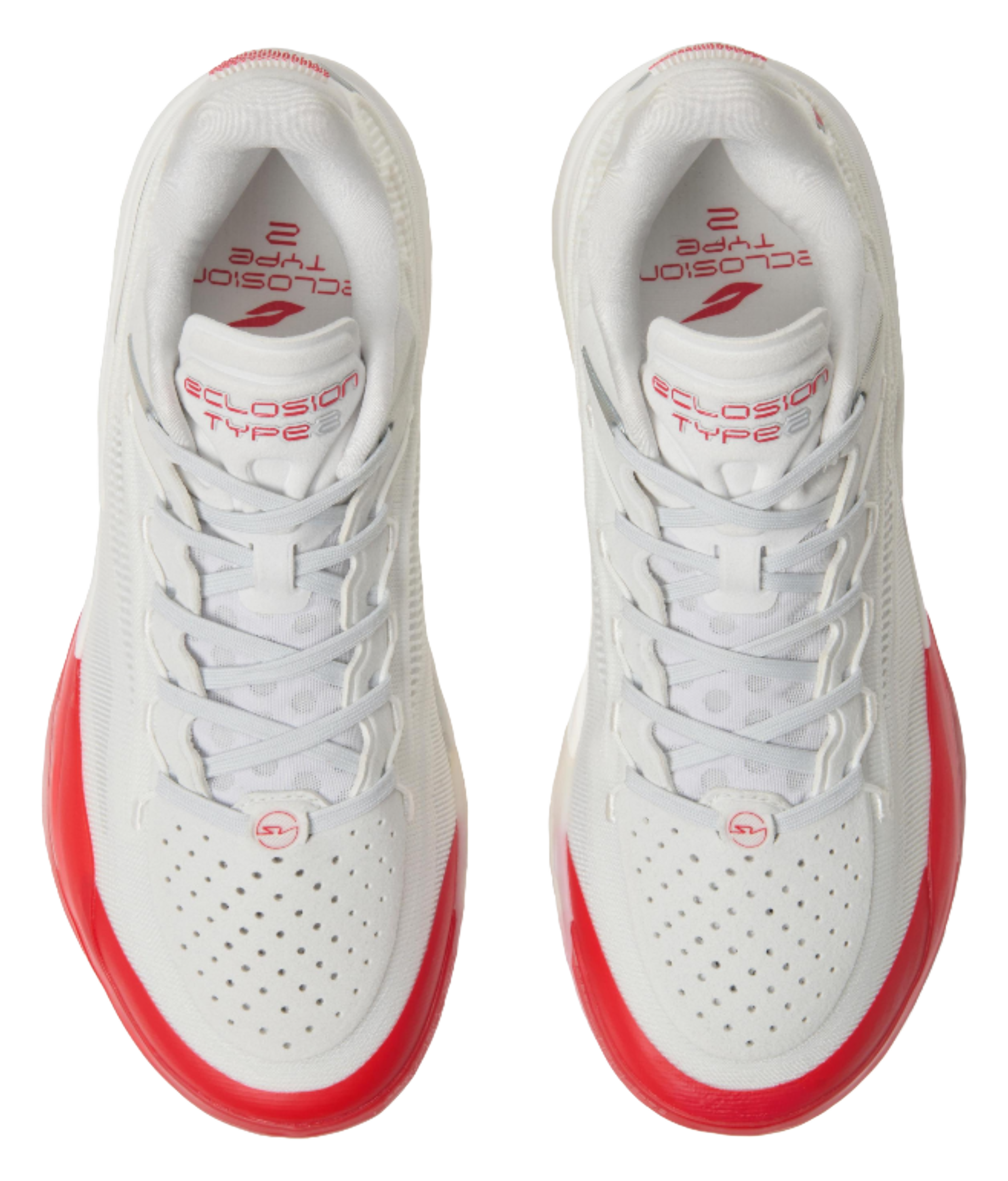 Unisex basketball shoe, front view with white perforated toe and red trim