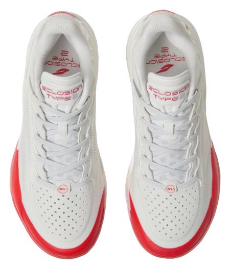Unisex basketball shoe, front view with white perforated toe and red trim