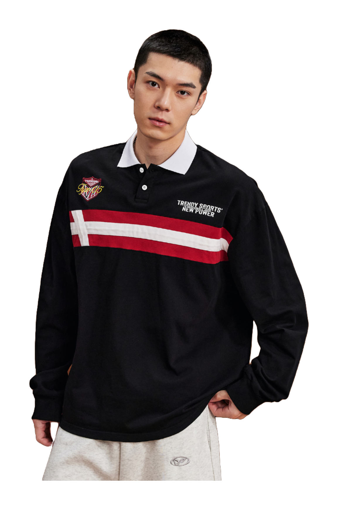 VEIDOORN American Retro Academy Trendy Stripe Splicing Loose Casual Sports Collar Long Sleeve Polo Sweater Cotton T-shirt Unisex  vjsneaker.com