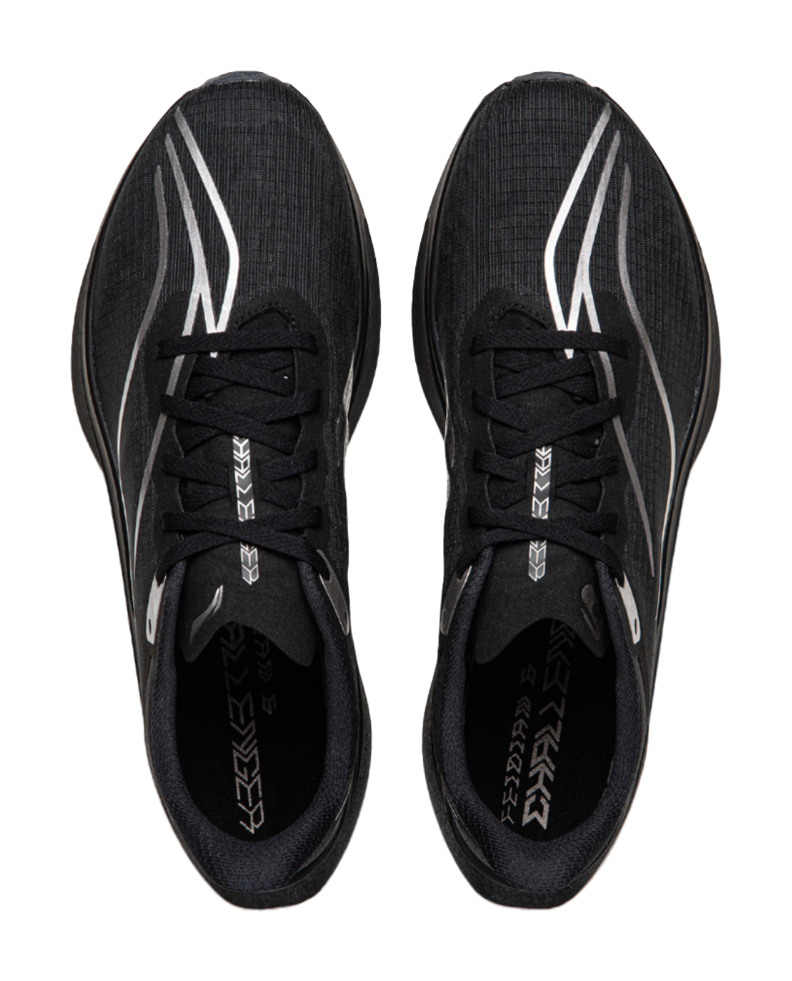 Li-Ning Feidian 6 shoes, black toe area with laces and patterned tongue; pair view.