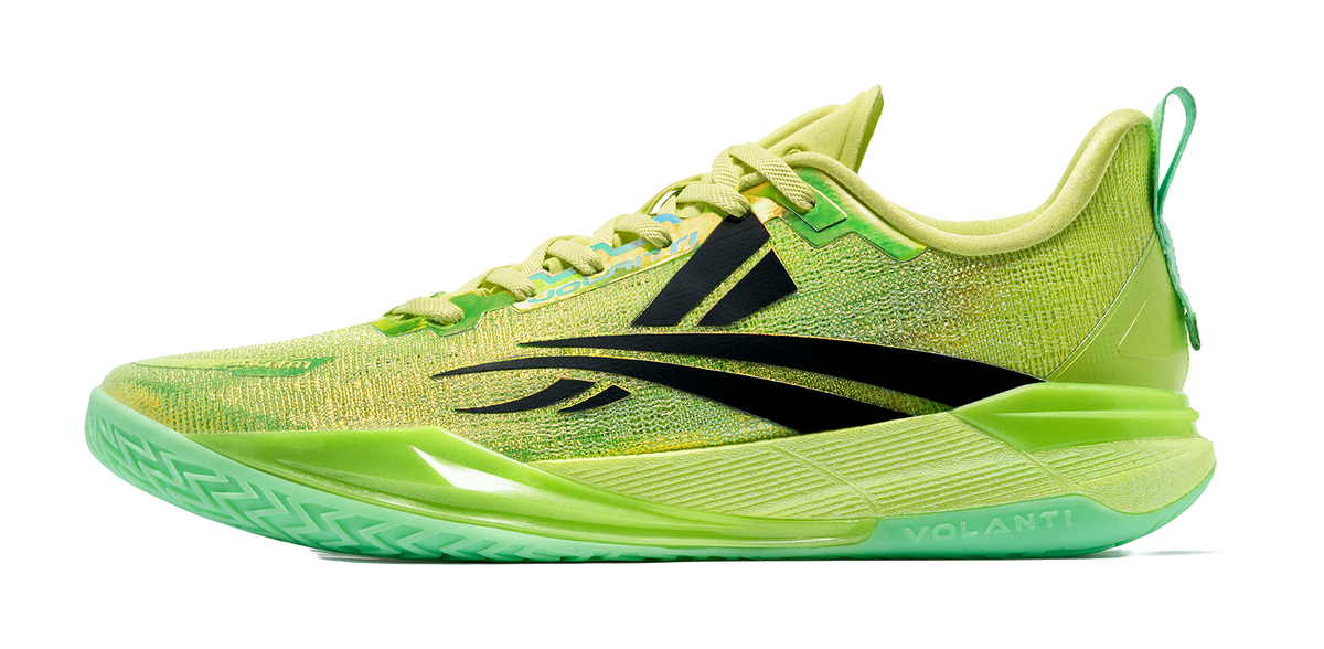 Low top basketball shoes in bright green with black accents, lace-up design.