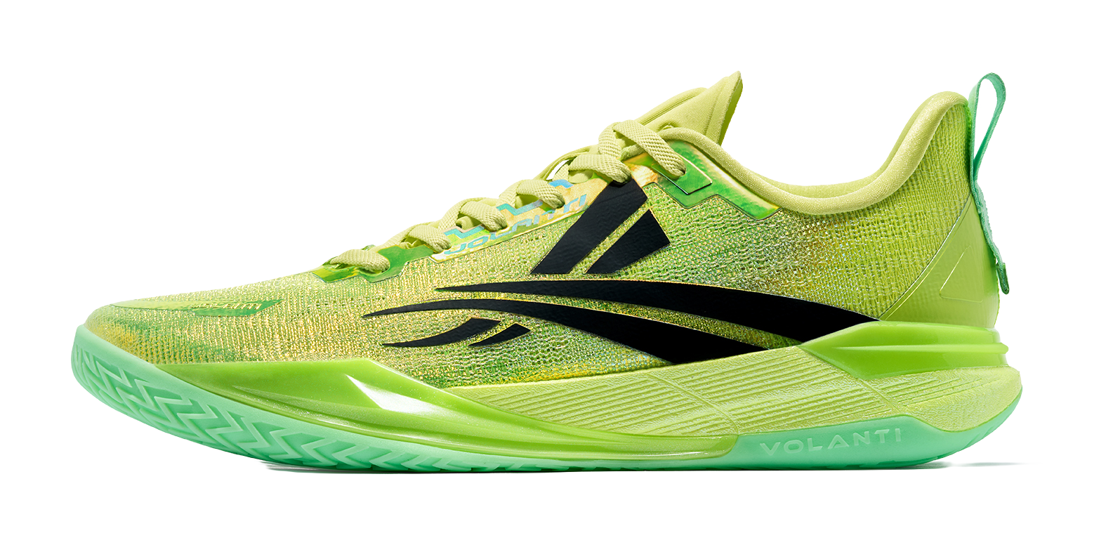 Low top basketball shoes in bright green with black accents, lace-up design.