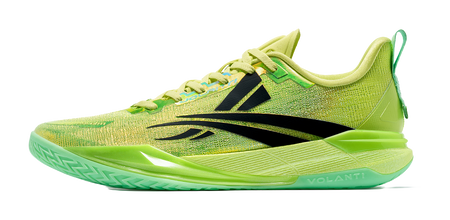 Low top basketball shoes in bright green with black accents, lace-up design.