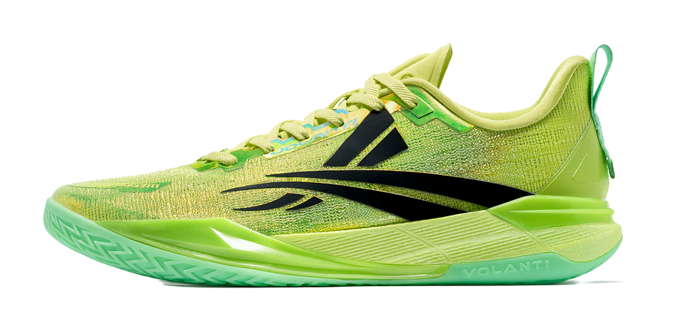 Low top basketball shoes in bright green with black accents, lace-up design.