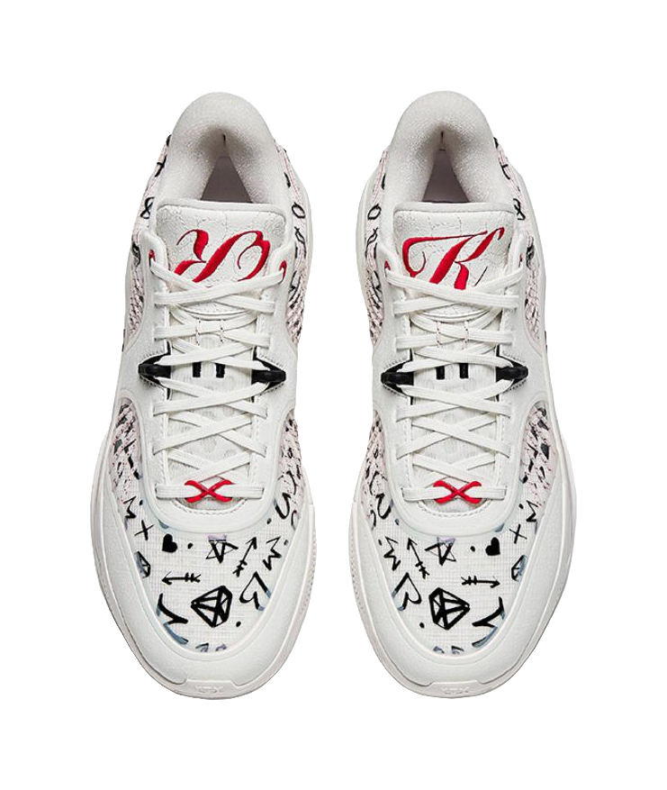 Pair of white lace-up basketball sneakers with black and red graphic uppers