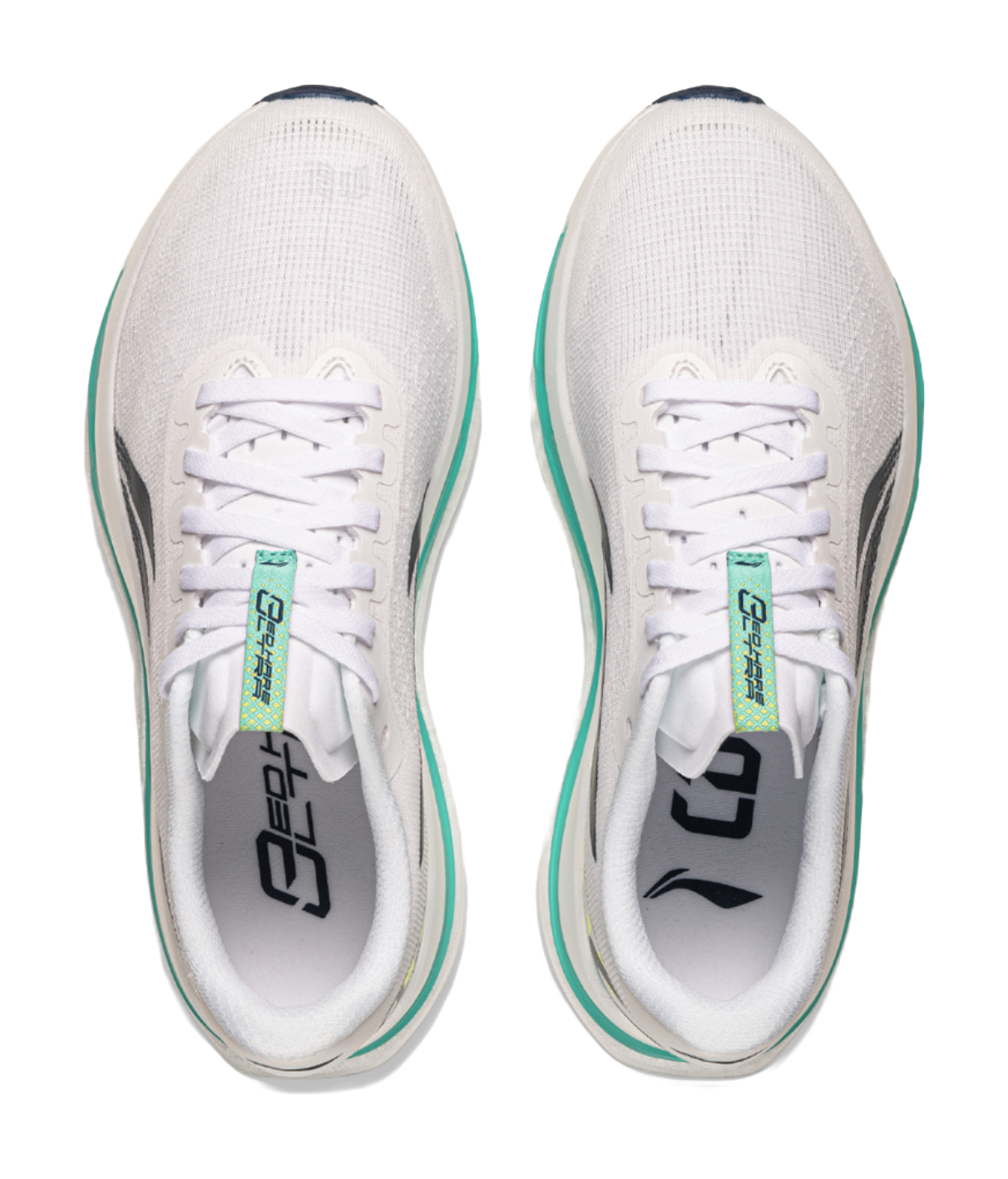 Pair of white lace-up running shoes front view with green-trim details and logos